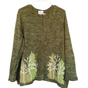 Breckenridge Woman Sweater Womens 1X Green Zip Front Cardigan Embroidered Trees